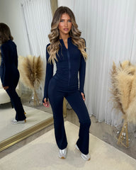 Claire Sculpt Jacket & Flared Trouser Set - Navy