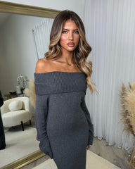 Sofia Cowl Neck Knitted Maxi Dress - Charcoal