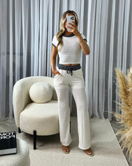 Edie Soft Ribbed Contrast Short Sleeve Top & Trouser Set - White/Charcoal Grey