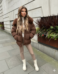Camille Short Faux Fur Trim Puffer Coat- Chocolate
