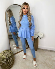 Kerri Ribbed Jewelled Detail Lounge Set - Baby Blue