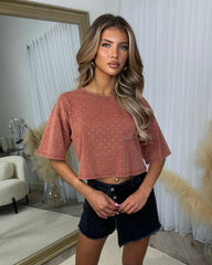 Ada Cropped Diamante Detailing T-shirt- Rust