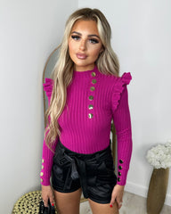 Elara Gold Button Frill Jumper - Purple