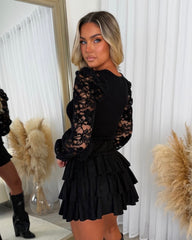 Lara Ribbed Top with Laced  Sleeves - Black