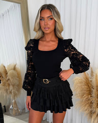 Lara Ribbed Top with Laced  Sleeves - Black