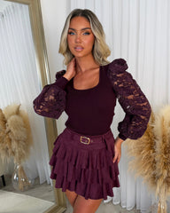 Elowen Suede Ruffle Skirt - Burgundy