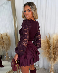 Elowen Suede Ruffle Skirt - Burgundy