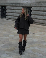 Gaia High Neck Chunky Knit Long Sleeve Jumper & Skirt Set - Chocolate