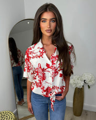 Floral Collared Tie Front Summer Shirt - Red