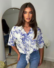 Floral Collared Tie Front Summer Shirt - Bright Blue