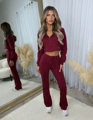 Tyla Fitted Cropped Jacket Wide Leg Tracksuit- Wine
