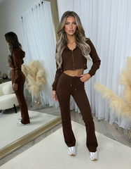 Tyla Fitted Cropped Jacket Wide Leg Tracksuit- Chocolate