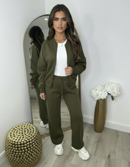 Amelia Bomber Zip Jacket & Straight Leg Joggers Set- Khaki Green