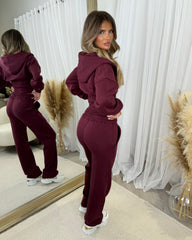 Hayley Corset Design Hooded Zip Jacket with Straight Leg Trousers Set - Wine
