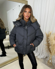 Phoebe Oversized Quilted Bomber Jacket with Hood - Charcoal