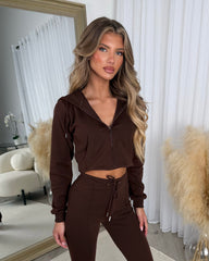 Tyla Fitted Cropped Jacket Wide Leg Tracksuit- Chocolate