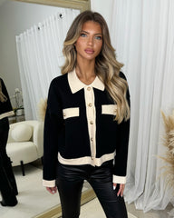 Penelope Gold Button Detail Collared Contrast Oversized Cardigan - Black