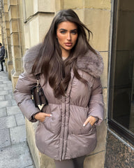 Aveline Hooded Faux Fur Trim Jacket - Taupe