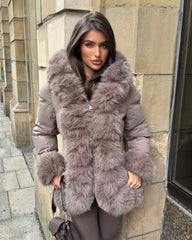 Colette Hooded Coat with Faux Fur Front & Cuffs- Taupe