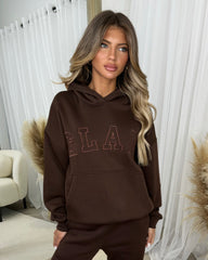 Emily 'GLAM' Embroidery Outline Front Design Fleece Lined Hoodie - Chocolate