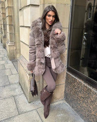 Colette Hooded Coat with Faux Fur Front & Cuffs- Taupe