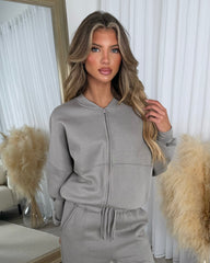Amelia Bomber Zip Jacket & Straight Leg Joggers Set- Dove Grey