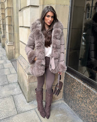 Colette Hooded Coat with Faux Fur Front & Cuffs- Taupe