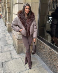 Celeste Hooded Padded Bomber Jacket with Faux Fur Trim - Taupe