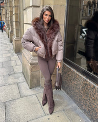 Celeste Hooded Padded Bomber Jacket with Faux Fur Trim - Taupe