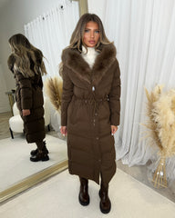 Mia Faux Fur Pull in Waist Long Padded Coat - Chocolate