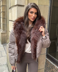 Celeste Hooded Padded Bomber Jacket with Faux Fur Trim - Taupe