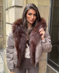 Celeste Hooded Padded Bomber Jacket with Faux Fur Trim - Taupe