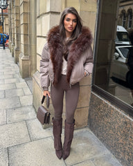 Celeste Hooded Padded Bomber Jacket with Faux Fur Trim - Taupe