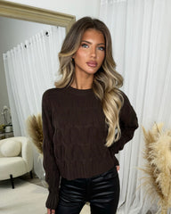 Emma Round Neck Long Sleeve Knitted Jumper - Chocolate