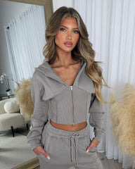 Hayley Corset Design Hooded Zip Jacket with Straight Leg Trousers Set - Dove Grey
