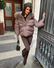 Ruby Hooded Padded Coat with Faux Fur Trim - Taupe
