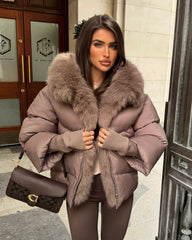 Ruby Hooded Padded Coat with Faux Fur Trim - Taupe