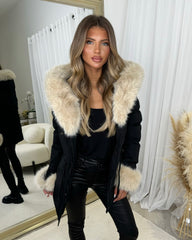 Klara Faux Fur trim Hooded Padded Coat- Black/Beige