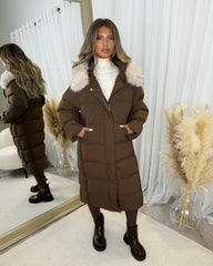 Hallie Padded Coat with Fur Hood  - Chocolate