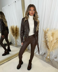 Carla Double Zip Pocket Detail Belted Leather Jacket - Chocolate