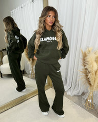 Zoey 'GLAMDOLL' BUBBLE PRINT Design Hoodie & Flared Jogger Set - Khaki Green