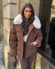 Camille Short Faux Fur Trim Puffer Coat- Chocolate
