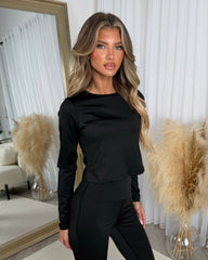 Yasmin Round Neck Long Sleeve Top & Flared Trouser Set - Black