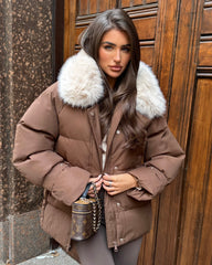Camille Short Faux Fur Trim Puffer Coat- Chocolate