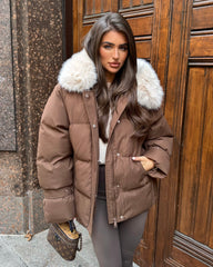 Camille Short Faux Fur Trim Puffer Coat- Chocolate