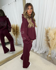 Petra Plain Fleece Lined Flared Leg Joggers - Burgundy