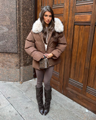 Camille Short Faux Fur Trim Puffer Coat- Chocolate