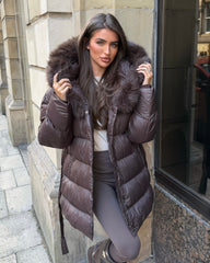 Seraphine Faux Fur Hooded Belted Coat- Bronze