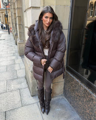 Seraphine Faux Fur Hooded Belted Coat- Bronze