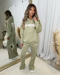 Zoey 'GLAMDOLL' BUBBLE PRINT Design Hoodie & Flared Jogger Set - Sage Green